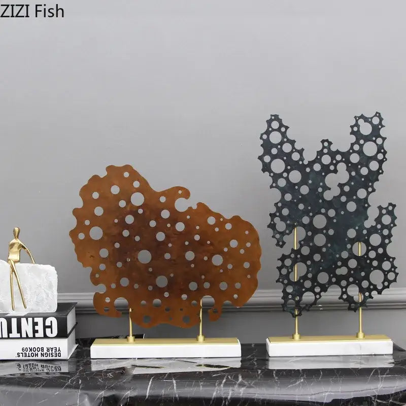 Two modern metal coral sculptures in rusted bronze and black with gold on marble base for decorbites geometric alloy home decor
