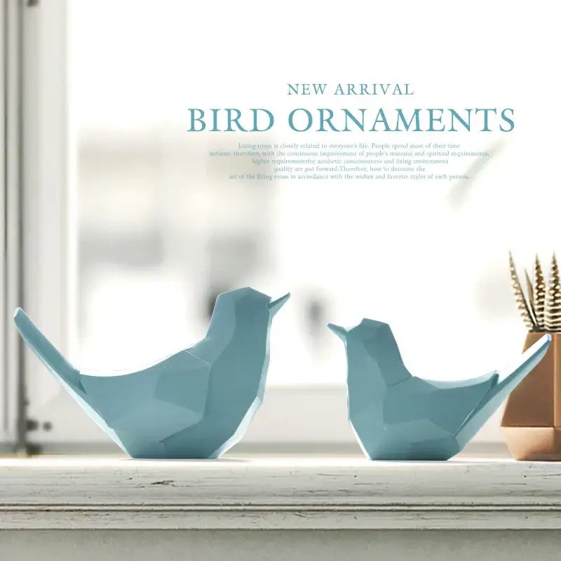 Two matte teal geometric decorbites couple birds resin figurines for modern living room decor