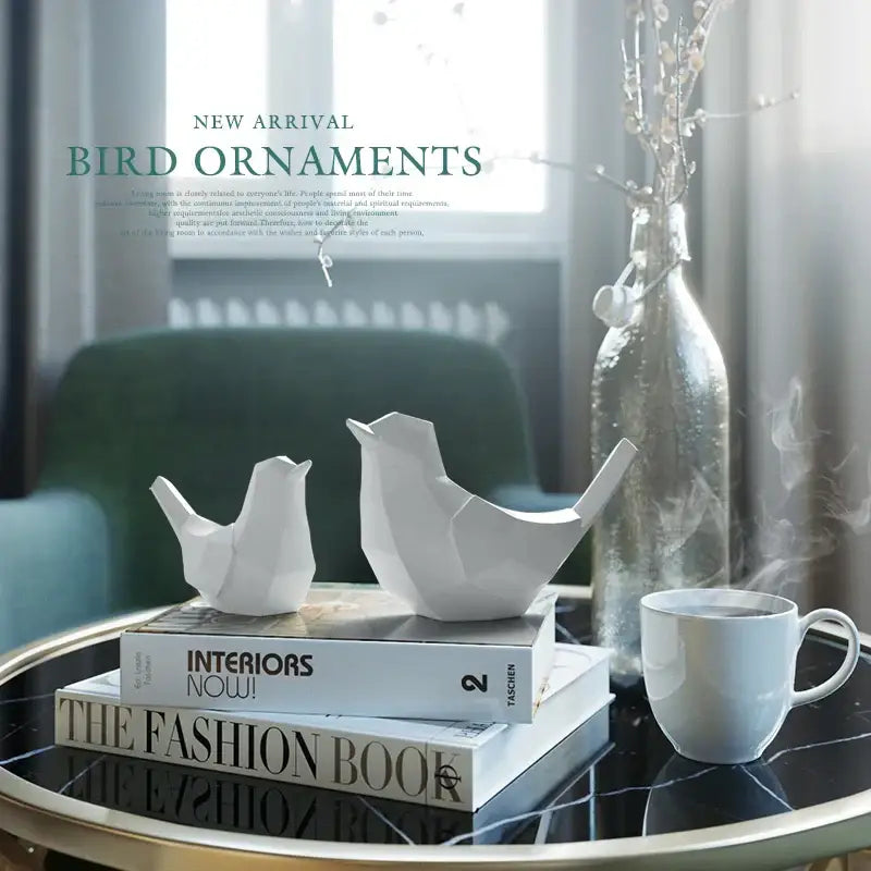 White ceramic couple birds resin figurines with geometric origami design for modern living room decorbites couple birds