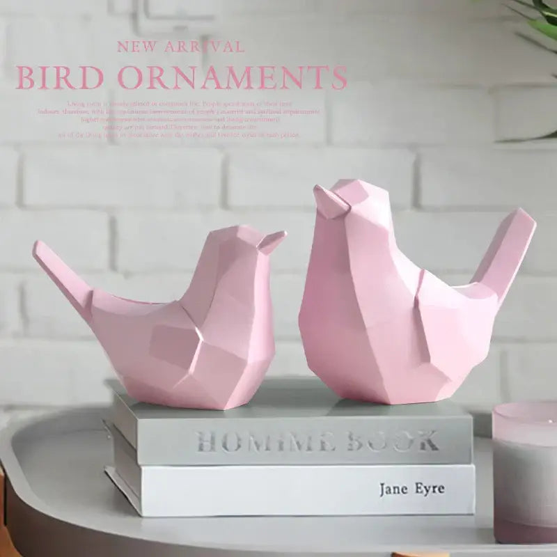 Two matte pink geometric birds resin figurines with angular faceted designs modern decorbites couple birds decor