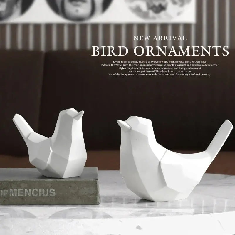 White geometric couple birds resin figurines with modern faceted design for living room decorbites decor