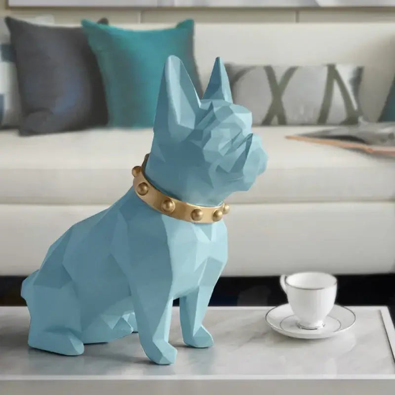Light blue geometric decorbites dog statue with gold studded collar modern sculpture for living room decor