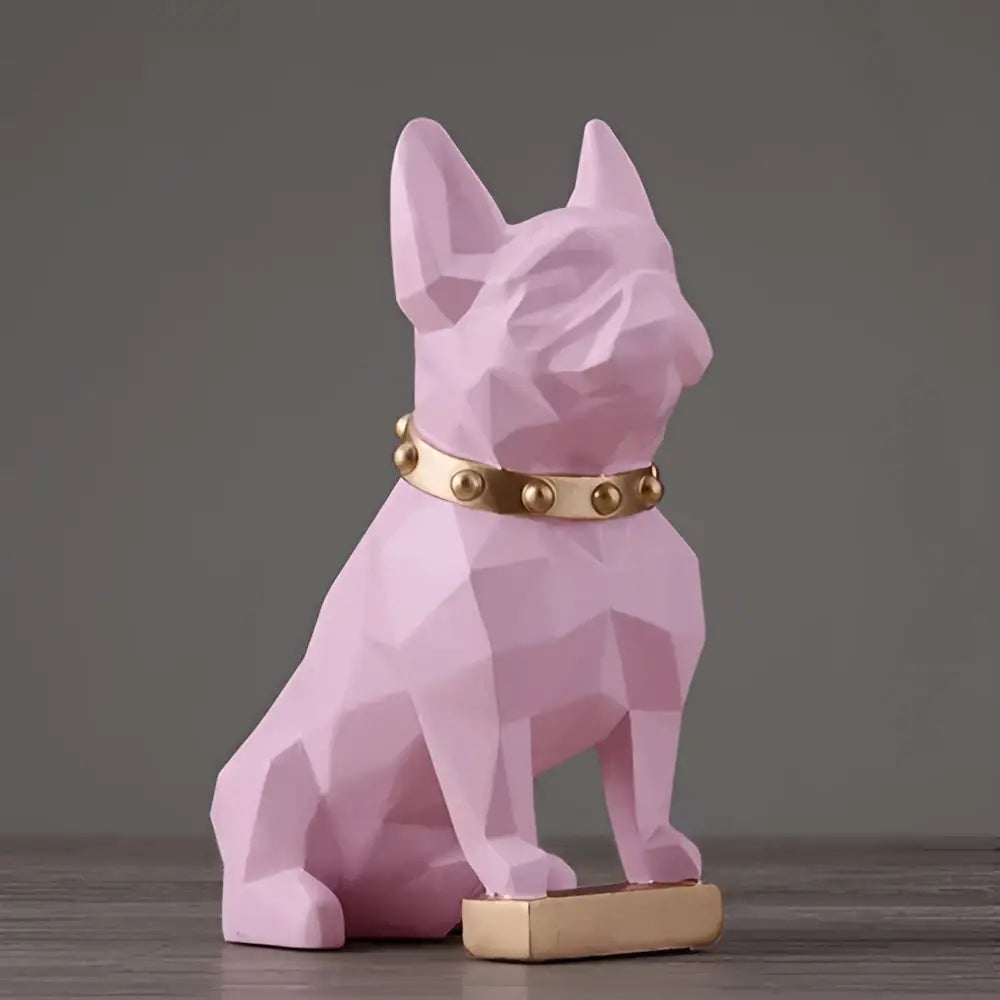 Modern geometric decorbites dog statue in pink with gold studded collar and matching base for living room decor