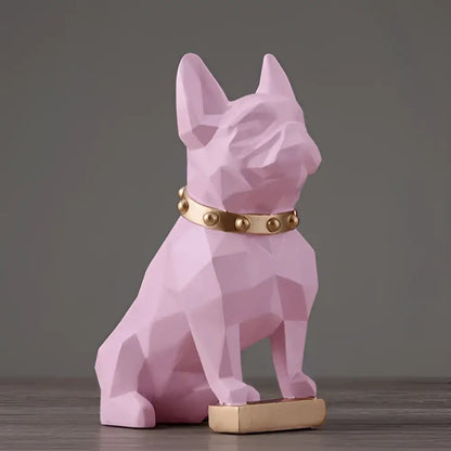 Modern geometric decorbites dog statue in pink with gold studded collar and matching base for living room decor