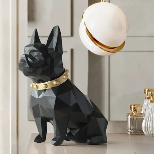 Modern geometric black decorbites dog statue featuring a french bulldog with gold studded collar for living room decor