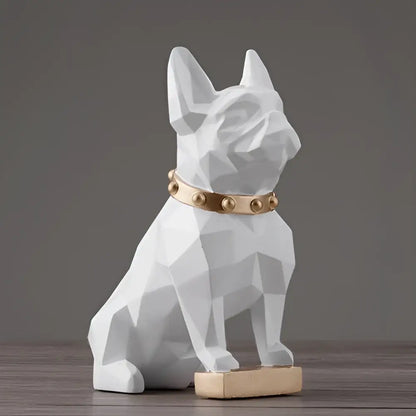 White geometric french bulldog decorbites dog statue with gold-toned studded collar and matching base for modern decor