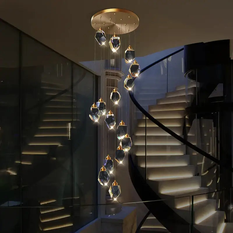 Modern geometric black and gold crystal diamond chandelier with dark blue faceted pendants for stairwell decorbites crystal diamond
