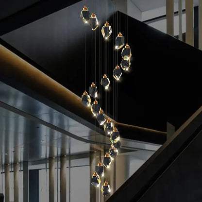 Modern geometric black and gold decorbites crystal diamond chandelier with faceted crystal pendants for stairwell lighting