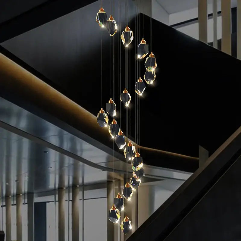 Modern geometric black and gold decorbites crystal diamond chandelier with faceted crystal pendants for stairwell lighting