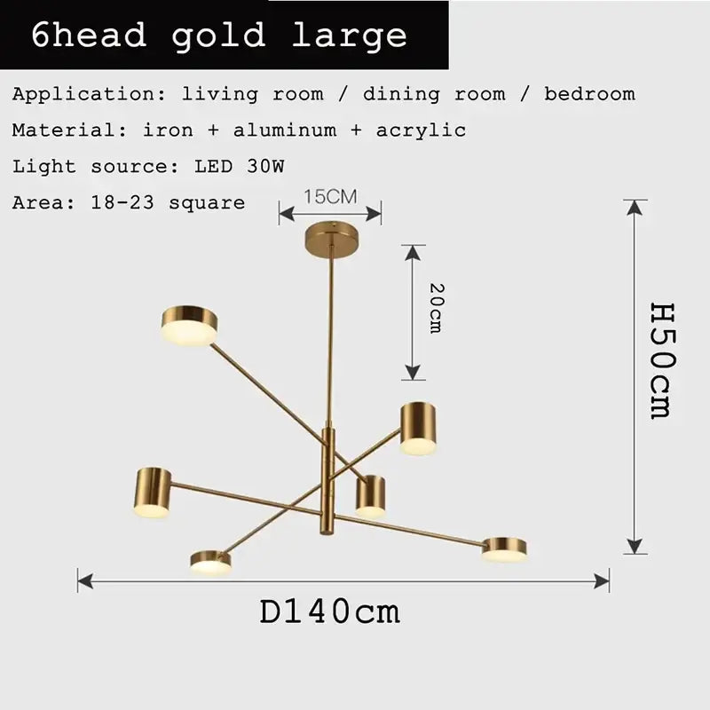 Gold-finished six-head modern geometric chandelier in iron and aluminum for living room decorbites black gold white led design