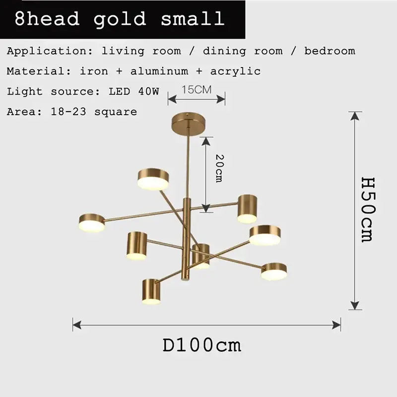 Modern geometric black gold white led chandelier with eight gold white led iron and aluminum lights for living room decorbites black gold