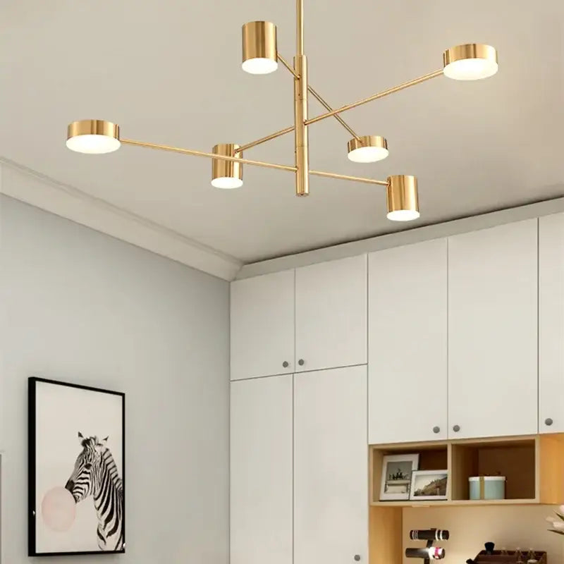Modern geometric black gold white led chandelier with six gold white led cylindrical lights for living room decorbites black gold