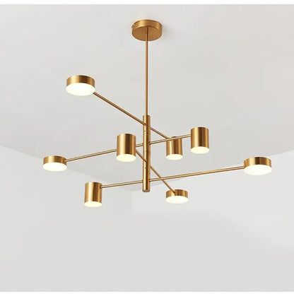 Modern geometric black gold white led chandelier featuring gold-toned sleek cylindrical arms with frosted glass shades for living room decorbites black gold white led design