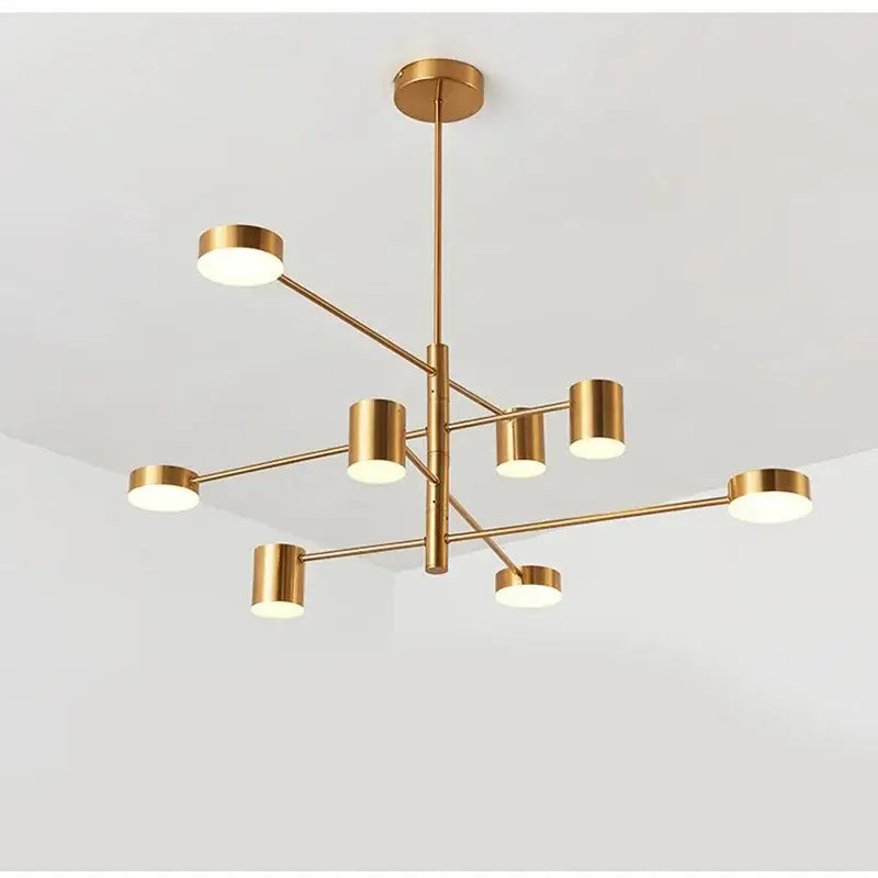 Modern geometric black gold white led chandelier featuring gold-toned sleek cylindrical arms with frosted glass shades for living room decorbites black gold white led design
