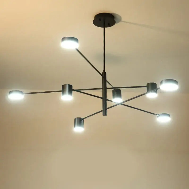 Modern geometric black gold white led chandelier with six cylindrical lights in radial pattern for living room decorbites black gold