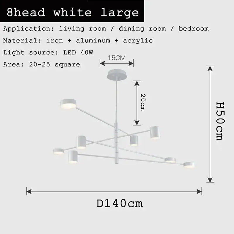 White 8-head modern geometric black gold white led chandelier made of iron aluminum and acrylic for living room decorbites black gold