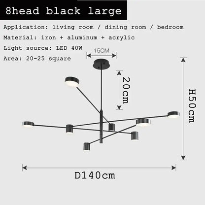 Modern geometric black gold white led chandelier with eight heads in sleek iron aluminum and acrylic for living room decorbites black gold