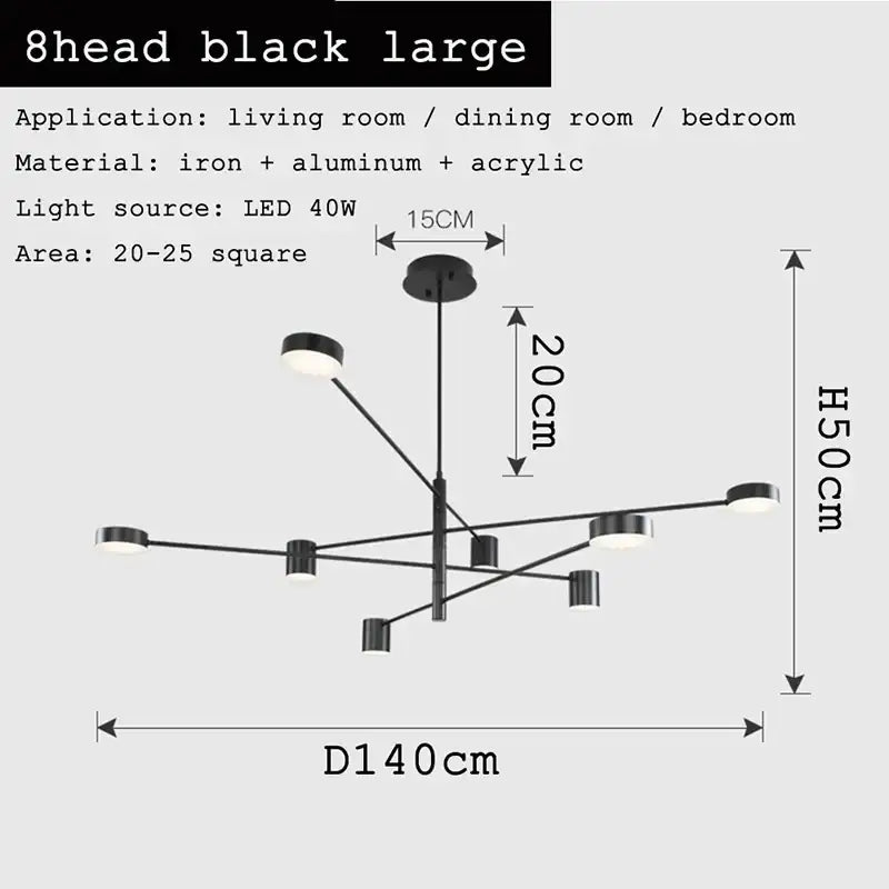 Modern geometric black gold white led chandelier with eight heads in sleek iron aluminum and acrylic for living room decorbites black gold