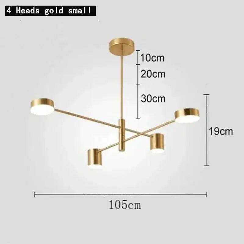 Modern geometric decorbites black gold chandelier with four circular gold white led heads and central rod for living room decor