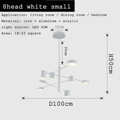 White modern chandelier with eight led lights crafted from iron and aluminum for decorbites black gold white led decor