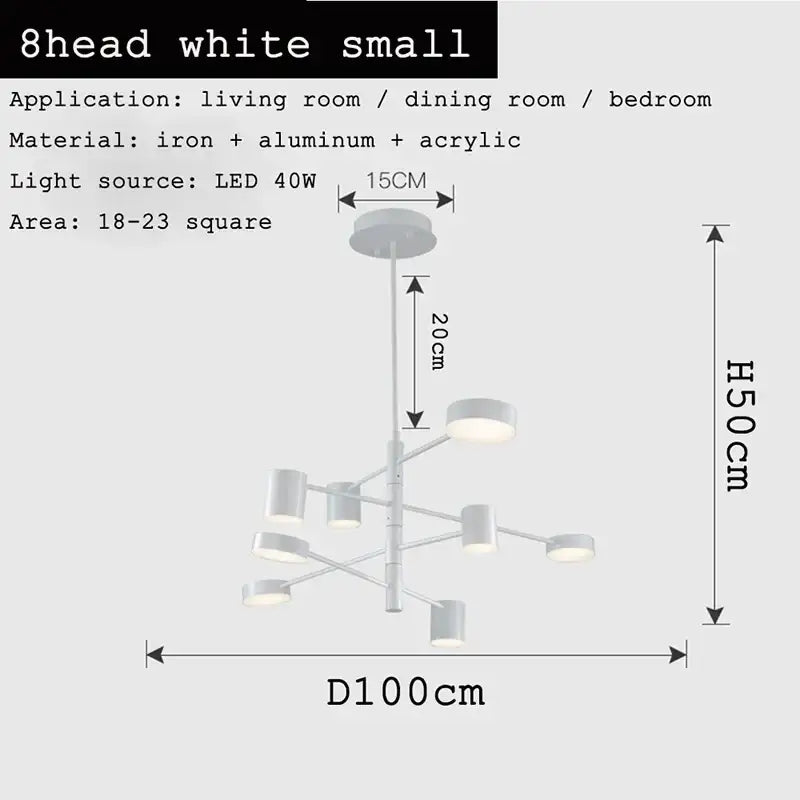White modern chandelier with eight led lights crafted from iron and aluminum for decorbites black gold white led decor