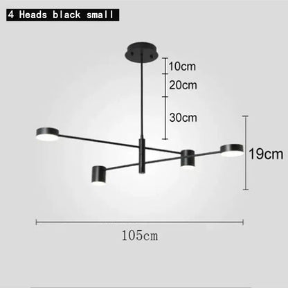 Modern geometric black gold white led chandelier with four cylindrical light heads and minimalist metal frame for living room decorbites black gold