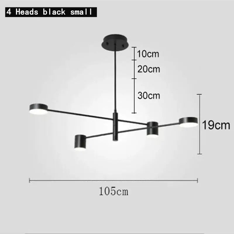 Modern geometric black gold white led chandelier with four cylindrical light heads and minimalist metal frame for living room decorbites black gold