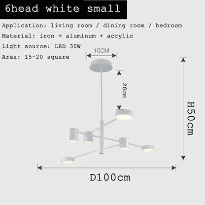 White six-head modern chandelier with sleek iron aluminum frame and acrylic lampshades for decorbites black gold white use