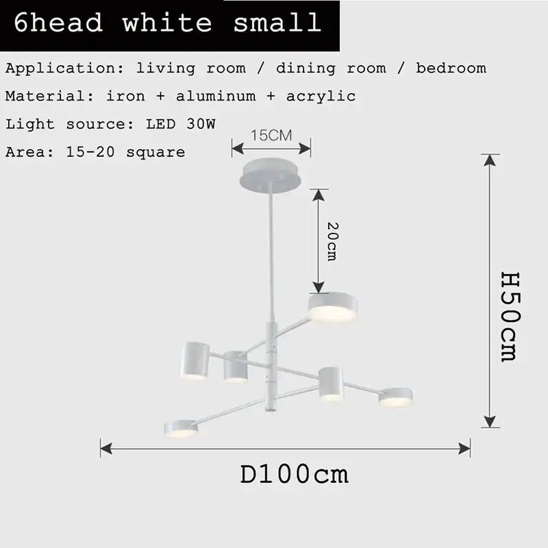 White six-head modern chandelier with sleek iron aluminum frame and acrylic lampshades for decorbites black gold white use