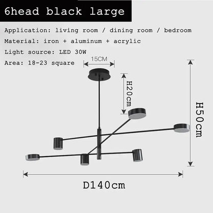 Modern geometric black gold white led chandelier with six heads in sleek iron aluminum and acrylic for living room decorbites black gold