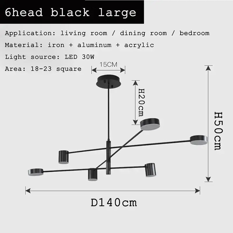 Modern geometric black gold white led chandelier with six heads in sleek iron aluminum and acrylic for living room decorbites black gold
