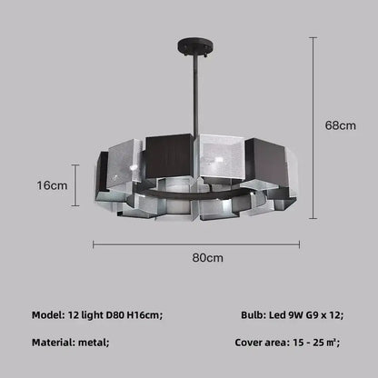 Modern geometric black metal loft led chandelier with translucent mesh panels for dining room decorbites black metal design
