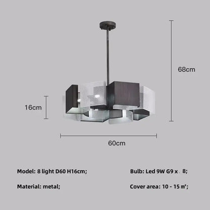 Modern geometric black metal loft led chandelier with dark metal frame and translucent glass panels for dining room decorbites black metal