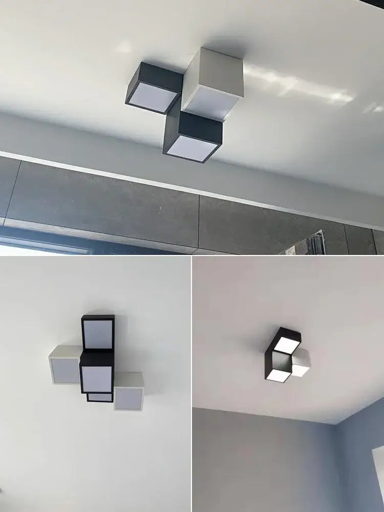 Modern geometric black and white cube bedroom ceiling lamp with three interlocking matte modules for bedroom ceiling lighting