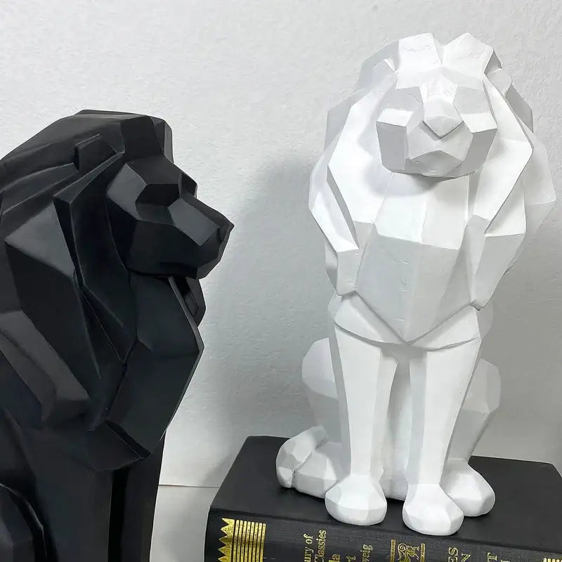White geometric lion resin art statue with a faceted modern design for office decor by decorbites lion resin