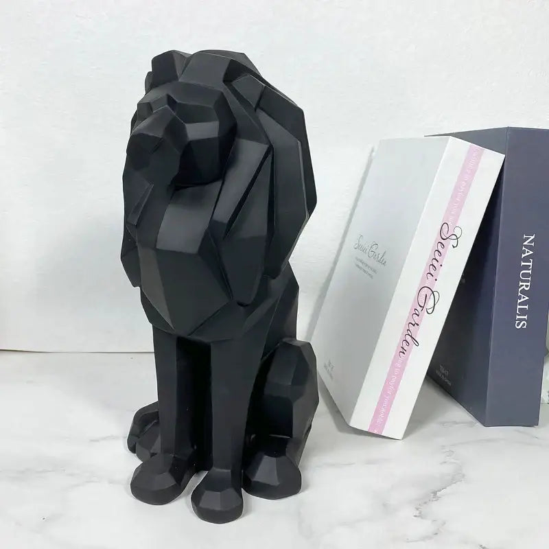 Modern geometric black lion resin art statue with faceted angular design ideal for office decorbites lion resin decor