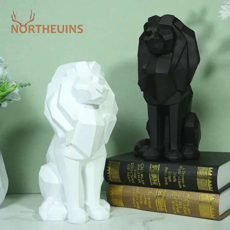 Modern geometric black and white lion resin art statue by nor theuins featuring angular facets for office decorbites lion resin