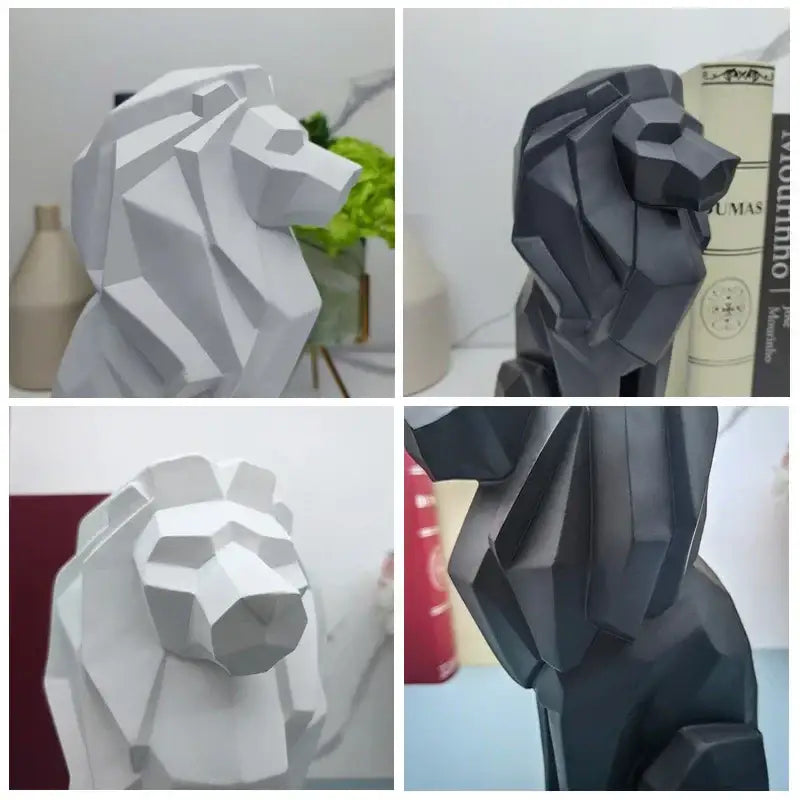 Modern geometric black and white lion resin art statue with angular facets for office decorbites lion resin decor