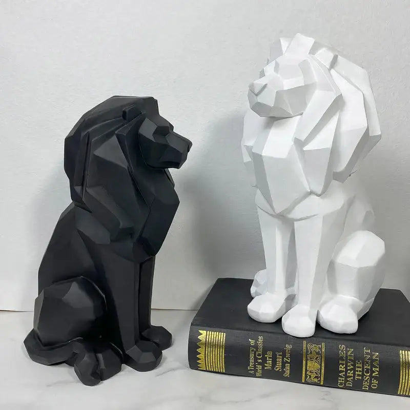 Modern geometric black and white lion resin art statue featuring faceted design ideal for office decorbites lion resin decor