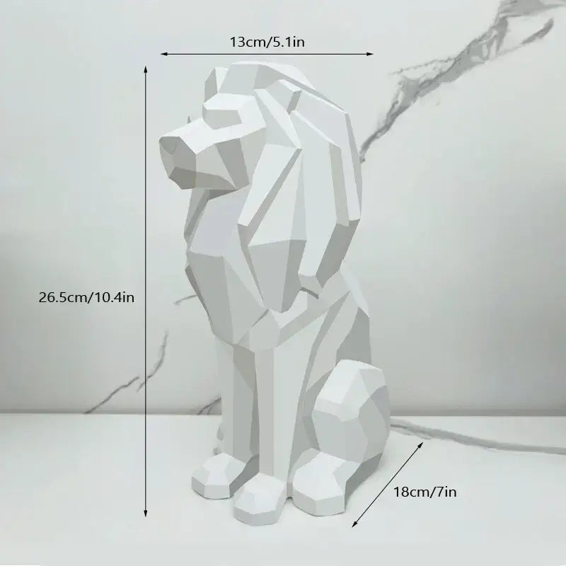 White geometric dog sculpture with angular facets minimalist design complementing decorbites lion resin art statue