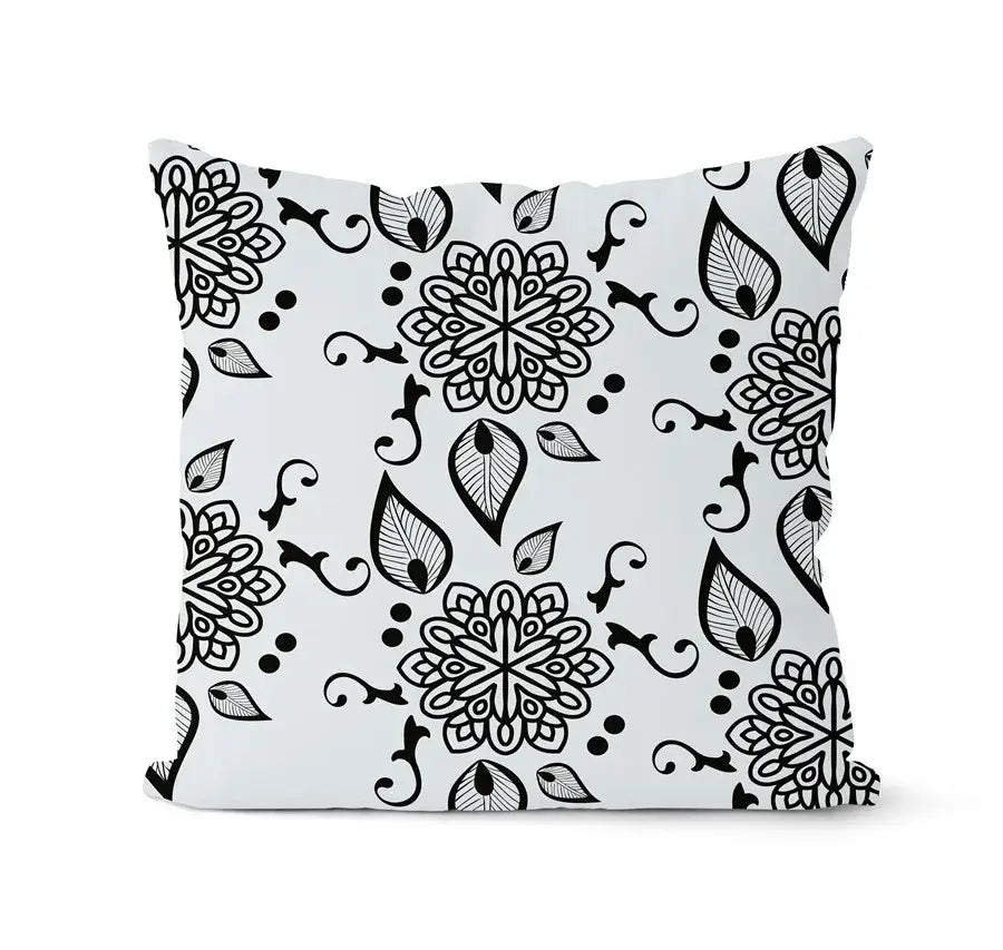 White throw pillow with intricate black mandala and paisley pattern from decorbites geometric black white pillowcase set