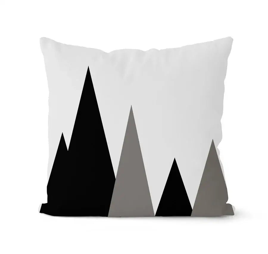 White throw pillow with minimalist black and gray geometric mountain design from decorbites geometric black and white pillowcase set