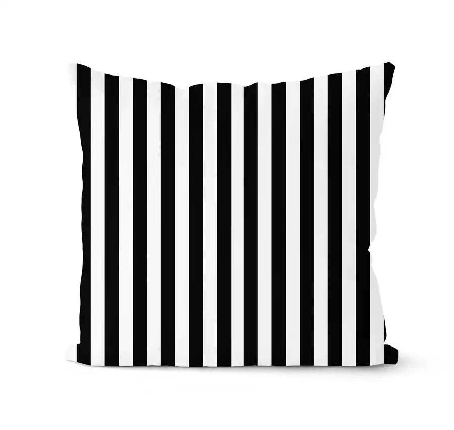 Modern geometric black and white pillowcase set featuring a black and white vertically striped throw pillow for living room decorbites geometric black design