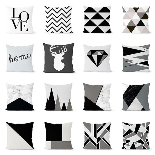 A modern geometric black white pillowcase set featuring minimalist designs with geometric patterns and animal silhouettes for living room decorbites geometric black and white pillowcase set