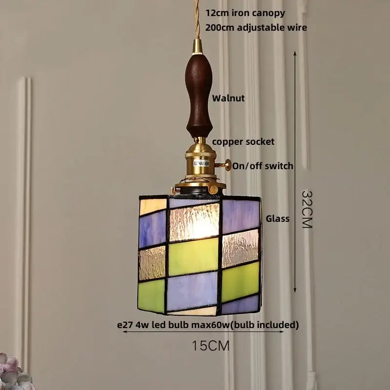 Modern geometric pendant light with colorful stained glass panels, walnut handle, and brass hardware for dining room decorbites blue glass
