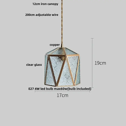 Modern geometric blue glass and brass pendant light with clear textured glass panels and copper frame for dining room decorbites blue glass