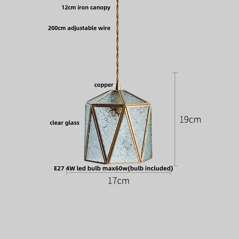 Modern geometric blue glass and brass pendant light with clear textured glass panels and copper frame for dining room decorbites blue glass