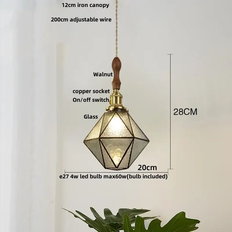 Modern geometric blue glass pendant light with brass socket and walnut handle featuring e27 4w led bulb for dining room decorbites blue glass