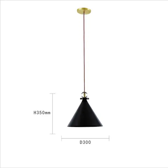 Black conical pendant light with brass-finished ceiling mount and cord for modern geometric brass black glass chandelier