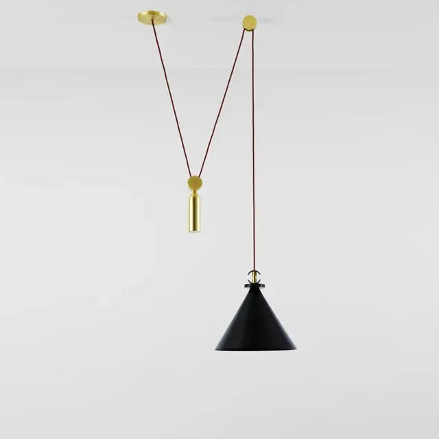 Black conical pendant light with gold-toned hardware and braided cord suspension for modern dining rooms